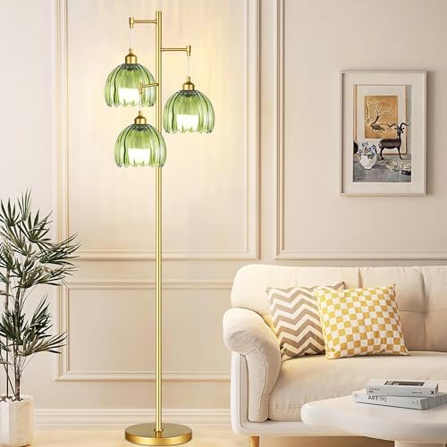 ZECOXOL Gold Floor Lamps for Living Room-3 Light Brass Floor Lamp with Three Bulbs & Glass Lampshape, Mid Century Modern Standing Lamp Tree Tall Flower Floor Lamp for Bedroom Living Room,Corner