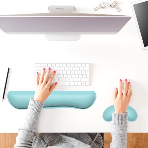Dapesuom Keyboard Wrist Rest Set, Cute PU Leather Wrist Cushion for Computer Keyboard and Mousepad, Memory Foam Mouse Pad Rests Support with Non-Slip Base for Typing Pain Relief, Pale Robin Egg Blue