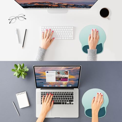 ITNRSIIET Ergonomic Mouse Pad with Wider Memory Foam Wrist Rest +17% - Curved Cushion Reduces Pressure 20%, Pain Relief, Non-Slip, Smooth, Cute Colors, 9.85 x 9 in, Light Green to White