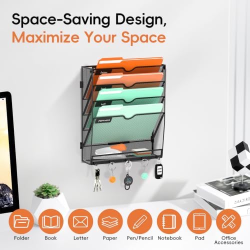 Wall File Holder Hanging Wall File Organizer, Wall Mount Mail Holder and Paper Organizer with Bottom Shelf & 5 Hooks for Office Home School (5-Tier)