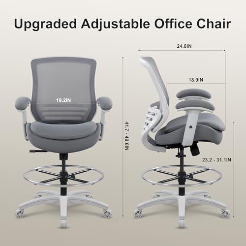 400lbs Double Seat Cushion Tall Office Drafting Chair for Standing Desk with Lumbar Support and Enlarged Adjustable Stool (Grey Frame Grey Fabric)