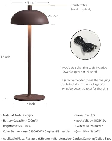 12" Cordless Table Lamps Set of 2, Brown Modern Portable Desk Lamp