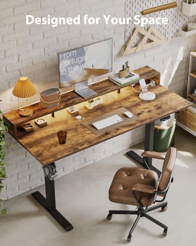 Agilestic 55*24 Inch Electric Standing Desk with Shelf & Led, Rustic Brown