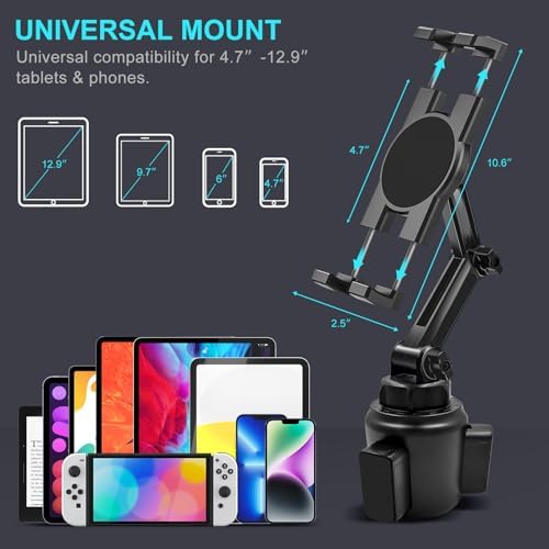 Cup Holder Car Tablet Mount, 360° Adjustable 2-Arm Stand Holder for iPad Pro 12.9/11/10.5/9.7/Air/Mini 6/5/4, Galaxy Tab/Z Fold 6/5, Amazon Fire HD, iPhone 16/15/14/Pro, 4.7-12.9" Tab & Phone