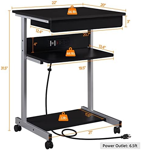 Yaheetech Small Rolling Computer Desk with Power Outlet, Laptop Cart, Black