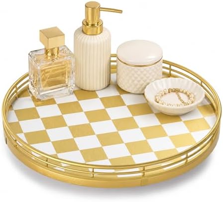 AMH 10-Inch Gold Checkerboard Lazy Susan Vanity Tray with Metal Rail