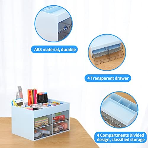 LETURE Office Desktop Organizer with Drawer, Stationary Organizer Desk Caddy, Pen/Pencil/Business Card/Sticky Note Tray/Paperclip Holder Storage Box (Blue)