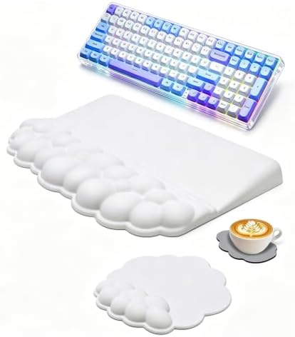 Cloud Keyboard Wrist Rest with Sloped Keyboard Pad, Ergonomic 3-in-1 Mouse Pad with Wrist Support and Coaster, Non-Slip Memory Foam Desk Mat Set for Mechanical Keyboard, Office & Gaming,White