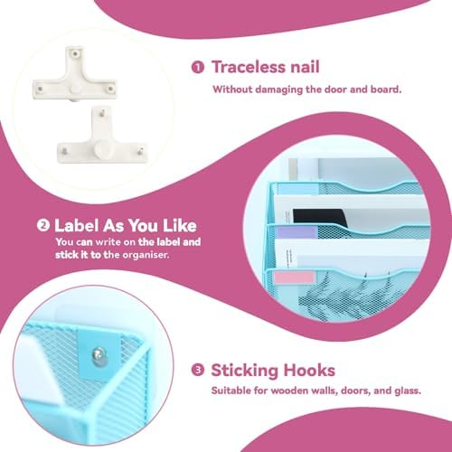 3 Pockets Mesh Wall File Holder Organizer Office Hanging File Folder Magazine Rack, Nametag Label Hooks Set Included (Blue)