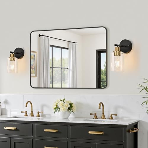 Zarbitta Set of 2 Wall Sconces for Bathroom, Black and Gold Modern Vanity Lights with Clear Glass Shade,Bathroom Wall Lamp for Mirror Kitchen Living Room Hallway Cabinet Porch