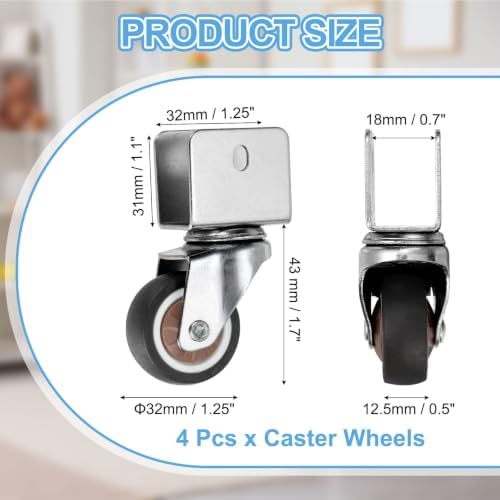 PATIKIL 1.25 Inch Caster Wheels, 4 Pcs Swivel Casters with 0.7" U Bracket Opening 55 Lb Capacity Per Caster for Furniture Office Chairs Carts and Cabinets, Brown