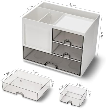 QIYVLOS Desk Organizer with 3 Drawer, Multi-Functional Pencil Pen Holder for Desk, Desk Organizers and Storage with 8 Compartments, Desktop Organizer for Office Home Art Supplies (White)