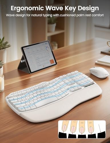 White Ergonomic Wireless Keyboard and Mouse Combo, 2.4G Full Size Ergo Wave Key Board with Cushioned Plam Rest, Natural Typing, 3 DPI Adjustable Silent Mouse for Computer/Laptop/Windows/Mac - Sablute