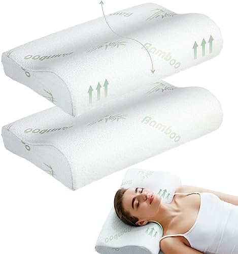 FairySandy 2 Pack Memory Foam Pillow Neck Support Orthopedic Sleeping Pillow Ergonomic for Shoulder Pain Side Back Stomach (Bamboo Fiber)