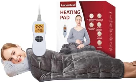 Ambershine 17''x33'' Weighted Heating Pad, 5.2lbs with 12 Temperature Settings & 4 Auto-Off Timers, Pain Relief for Back/Neck/Shoulders/Abdomen/Legs(Dark Grey)