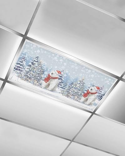 Blue Christmas Magnetic Fluorescent Light Covers for Ceiling Lights 2 x 4 Feet,Snowflakes Retro Snowy Xmas Tree Bear Office Classroom Kitchen Drop Ceiling Light Covers Filters Shade Panel 1 Pack