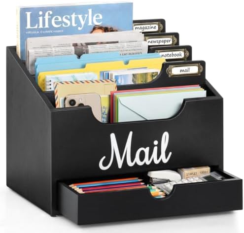 Rustic Wood Mail Organizer Countertop with Drawer, 4-Slot Removable Divider Mail Sorter, Black Desktop Mail Holder, Multi-Functional Bill File Stationary Organizer for Home Office Classroom