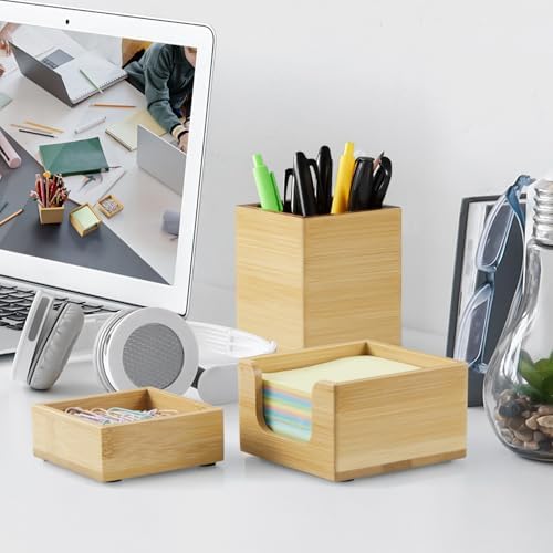Desk Organizer Set of 3 - Bamboo Office Desk Accessories - Desk Organizers and Accessories for Women Men - Set incl. Pencil Pen Holder, Paperclip Storage and Sticky Note Holder