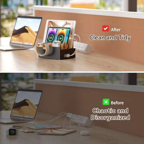 Pezin & Hulin Bamboo Charging Station with USB Charger&Cables-Natural+Black