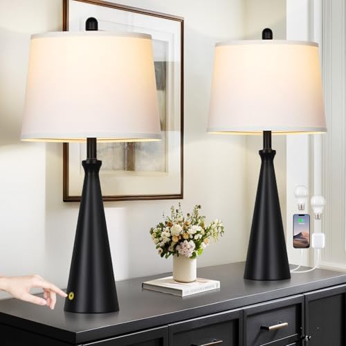 Rinweey 28" Black Table Lamps Set of 2, Touch Control Tall Living Room Lamp with USB A+C Ports,3-Way Dimmable Bedside Lamps for Nightstand,Modern Metal Bedroom Lamp,2 Bulbs Included