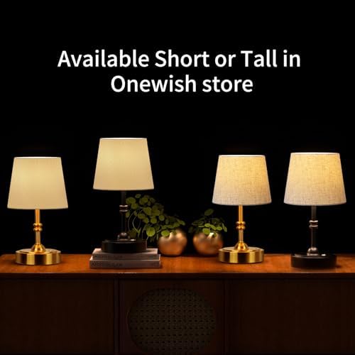 ONEWISH Small Cordless Lamp, Battery Operated Table lamp Dimmable, 4000mAh Rechargeable, Touch Bedside Lamp with Beige Linen Fabric Shade, 2700K Bulb Included, for Dining, Patio, Bathroom(Gold)
