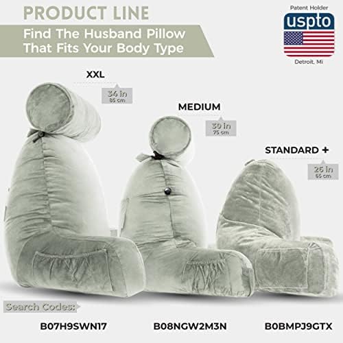 Husband Pillow Medium Reading Pillow with Arms - 23" Backrest for Sitting Up in Bed - Firm Support Bed Rest Pillow for Adults, Neck Roll, Removable Cover - TV, Reading, Lounging - Desert Sage