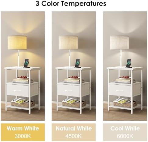 Fixwal Bedside Table with 3 Color Temperatures Bulb Attached, Nightstand with Charging Station and Lights, End Table with Fabric Drawer for Bedroom & Dorm (White)