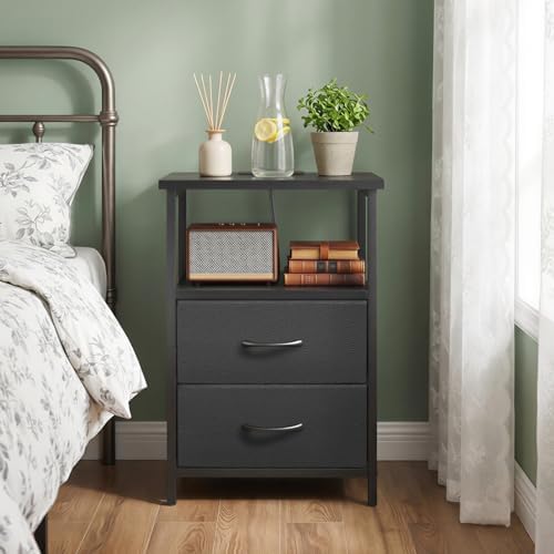 Fixwal Night Stand with Charging Station, 2 Fabric Drawers, Black