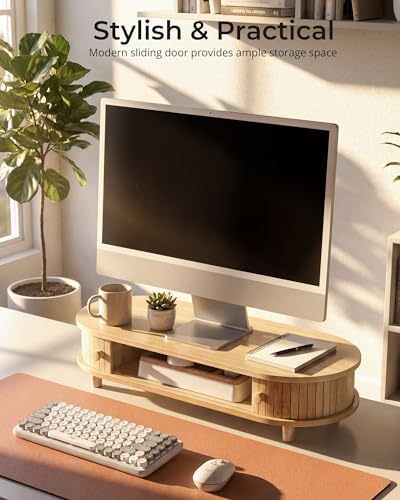 Bamboo Monitor Stand with Storage, 25 Inch Desk Shelf Riser
