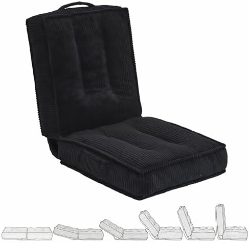 Folding Floor Tatami Chair with Back Support, 6-Position Adjustable, Black