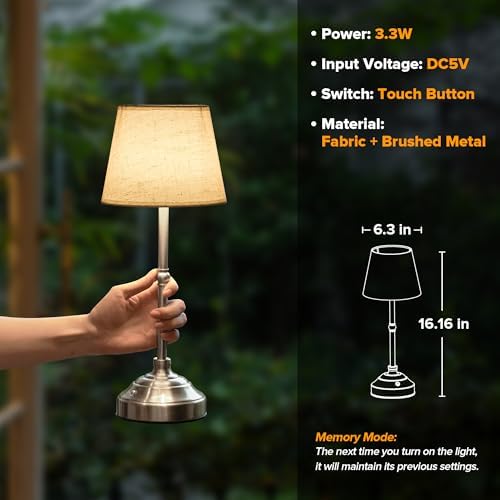 Cordless Table Lamp, Rechargeable Desk Lamp with Fabric Shade, Battery Operated Lamp 3 Color Stepless Dimming, Portable Touch Bedside Lamp Home Decor for Dining, Counter (Brushed Sliver)