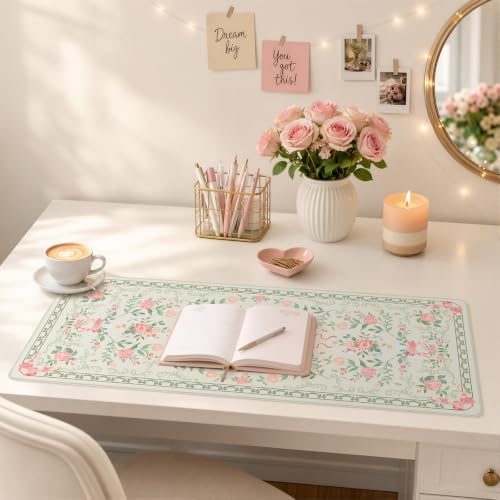 HAOCOO Cute Green Floral Computer Pad, 31.5" x 11.8" Deskmat for Home Decor