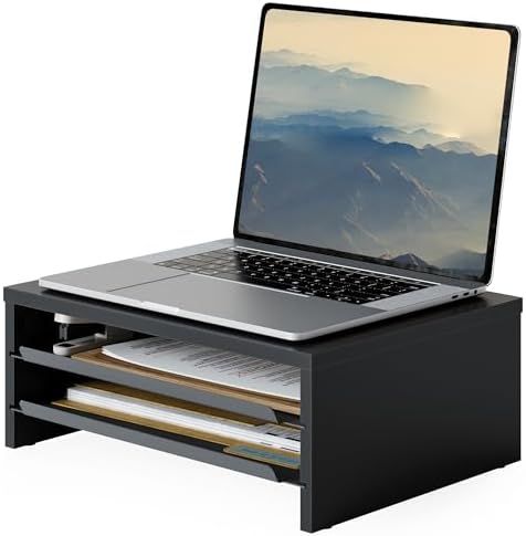 Fenge 14.3-Inch Monitor Stand with Slide-Out Trays, Wood & Metal Desk Shelf