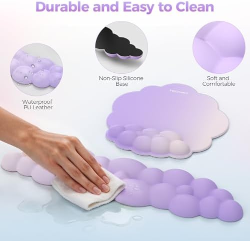 TECKNET Cloud Wrist Rest & Ergonomic Mouse Pad, Cloud Keyboard Wrist Rest with Non-Slip Base, PU Leather Memory Foam Wrist Pad for Keyboard and Mouse, Pain Relief for Typing, Gaming, Purple