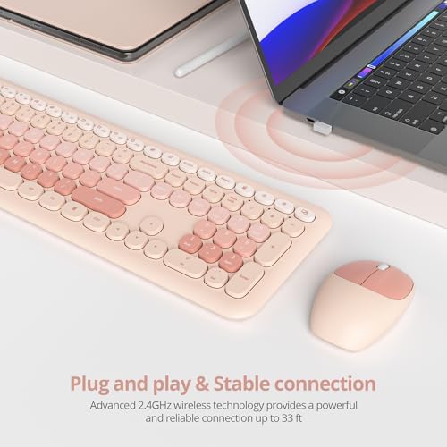 Surmen Cute Colorful Keyboard and Mouse Wireless Silent, Full-Size Retro Typewriter Wireless Quiet Slim Keyboard Low-Noise 2.4GHz for Computer, Desktop, Laptop(6-Diary Beige)