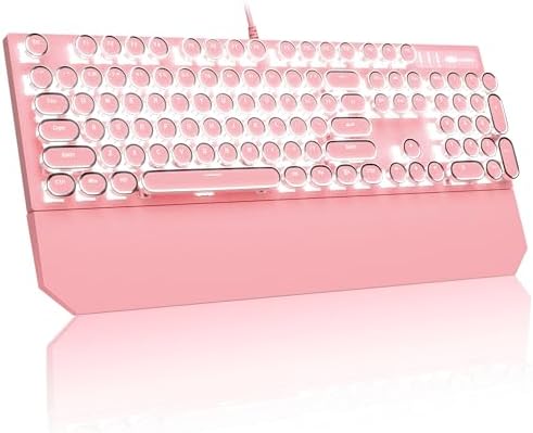 MageGee Typewriter Mechanical Gaming Keyboard, Retro Punk Pink Round Keycaps, 104 Keys LED White Backlit Wired Keyboards for Laptop MAC PC Gamer, with Magnetic Wrist Rest, Blue Switch