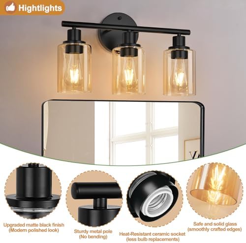 Zarbitta 3-Light Bathroom Light Fixtures, Black Modern Vanity Lights with Amber Glass Shades, Bathroom Wall Lamp for Mirror Kitchen Living Room Hallway Cabinet Porch