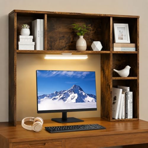 3 Tier Desktop Bookshelf with Rechargeable Eye-Friendly LED Desk Light, Desk Hutch Organizer with 5 Shelves, Wooden Desk Bookshelf for Office, Dorm and Small Space, Brown