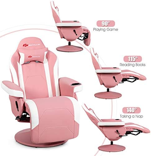 Goplus Pink Massage Gaming Chair, Racing Style Gaming Recliner w/Adjustable Backrest and Footrest, Ergonomic High Back PU Leather Computer Office Chair Swivel Game Chair w/Cup Holder and Side Pouch
