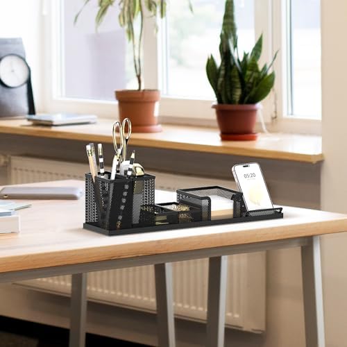 Pen Holder for Desk, 6-Piece Mesh Desk Organizer with Phone Holder, Black