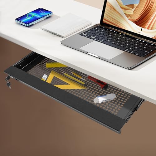 20'' Under Desk Mounted Sliding Pull-out Drawer, Pull-out Drawer with Lock Space-Saving, for Office Desk, Pull Handle, Storage Organizer for Sit Stand Workstation, Black