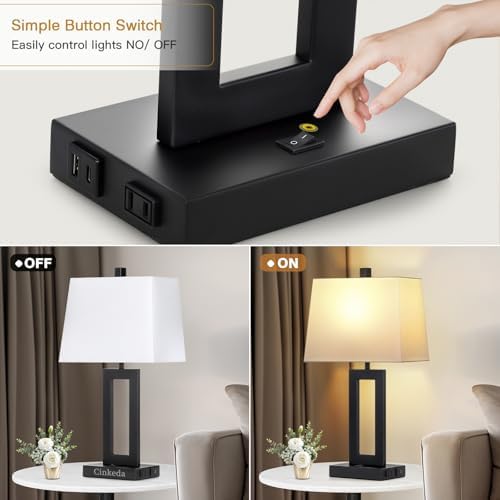 Cinkeda Black Bedside Table Lamp Set of 2,Nightstand Lamps with USB Ports