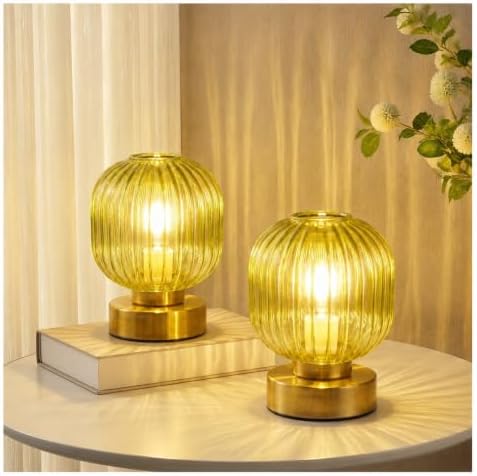 Elenhome Green Touch Glass Table Lamp Set of 2, 3-Way Dimmable Bedside Lamps, Vintage Mid-Century Modern Nightstand Lamps for Bedroom and Living Room, Ambient Mood Lighting, LED Bulb Included