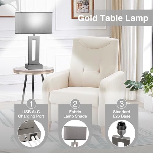 Seealle Bedroom Table Lamps Set of 2 - Grey Touch Bedside Lamps with USB C+A, 3 Way Dimmable Gold Lamp for Nightstand, Modern Night Stands Lamps for Living Room End Tables
