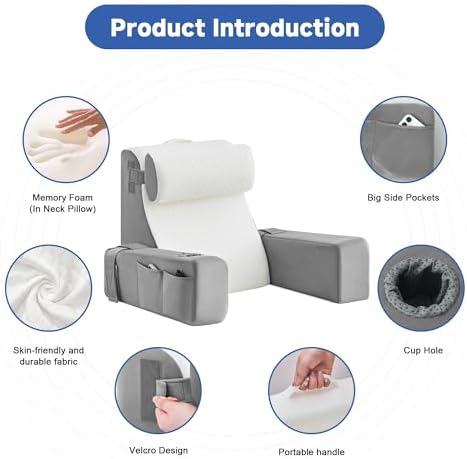 Reading Pillow for Bed, Back Pillow for Bed Sitting Up, Bed Pillows for Sitting Up with Adjustable Armrests, Cup Holder & Large Pocket, Backrest Cushion for Reading, Watching TV (WhiteGray, 4PCS)