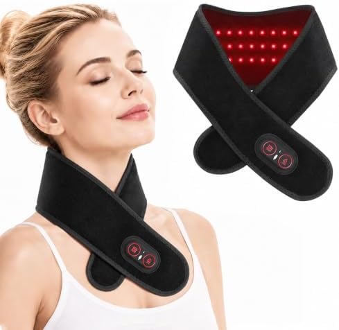 Neck Heating Pad for Pain Relief, Cordless Vibrating Neck Massager with 660nm 850nm Red Light, 3000mAh Battery 3 Heat Levels, Heated Neck Brace Wrap up to 33 Inches for Soreness Stiffness