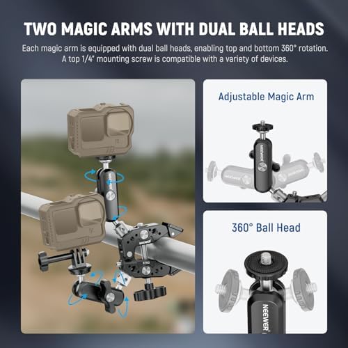 NEEWER Heavy Duty Super Clamp with Two 360° Dual Ball Head Magic Arms, 1/4" 3/8" Screw Threads, Phone & Action Camera Mount Adapter for Flat/Round Surface Compatible with GoPro DJI Insta360 DSLR