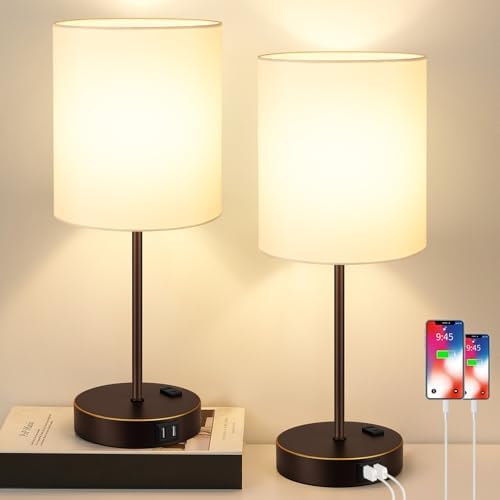 Lynnoland 2 Pack Touch Control Table Lamps with 2 USB & AC Outlet, 3-Way Dimmable Bedside Nightstand Lamps for Bedroom Living Room Nursery, 800 Lumens 3000K Warmlight Bulbs Included