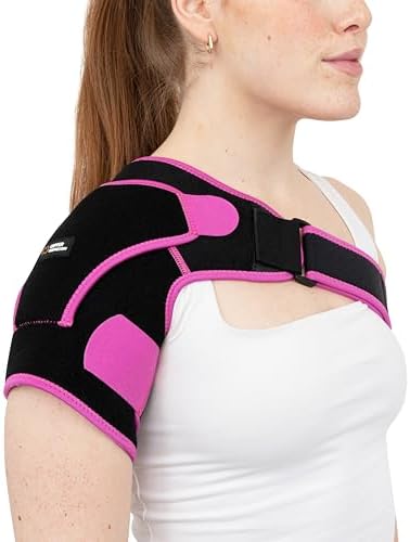 Copper Compression Recovery Shoulder Brace - Immobilizer for Torn Rotator Cuff, AC Joint Pain Relief, Dislocation, Arm Stability, Injuries, Tears - Adjustable Fits Men, Women - Black/Pink - One Size S/M