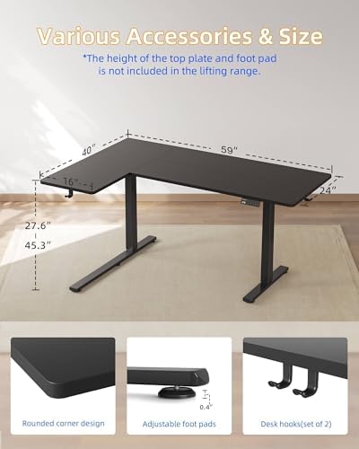 YIHAYO Reversiable L-Shaped Electric Standing Desk, 59 Inches Stand Up Corner Desk, Sit and Stand Up for Work Office Home, Ergonomic Rising Computer Table with Splice Board, Black